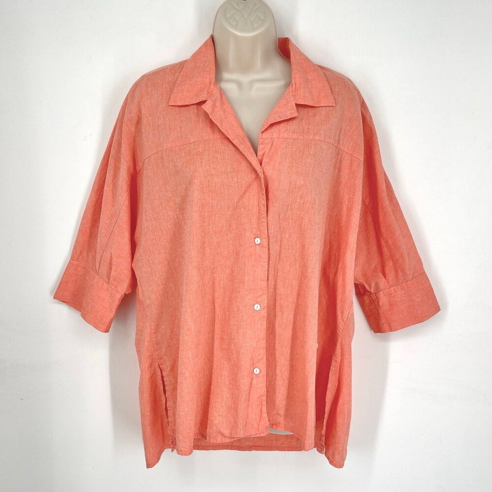 Lion of Porches Cotton Linen Half Sleeve Shirt Womens Sz M Orange Button Front